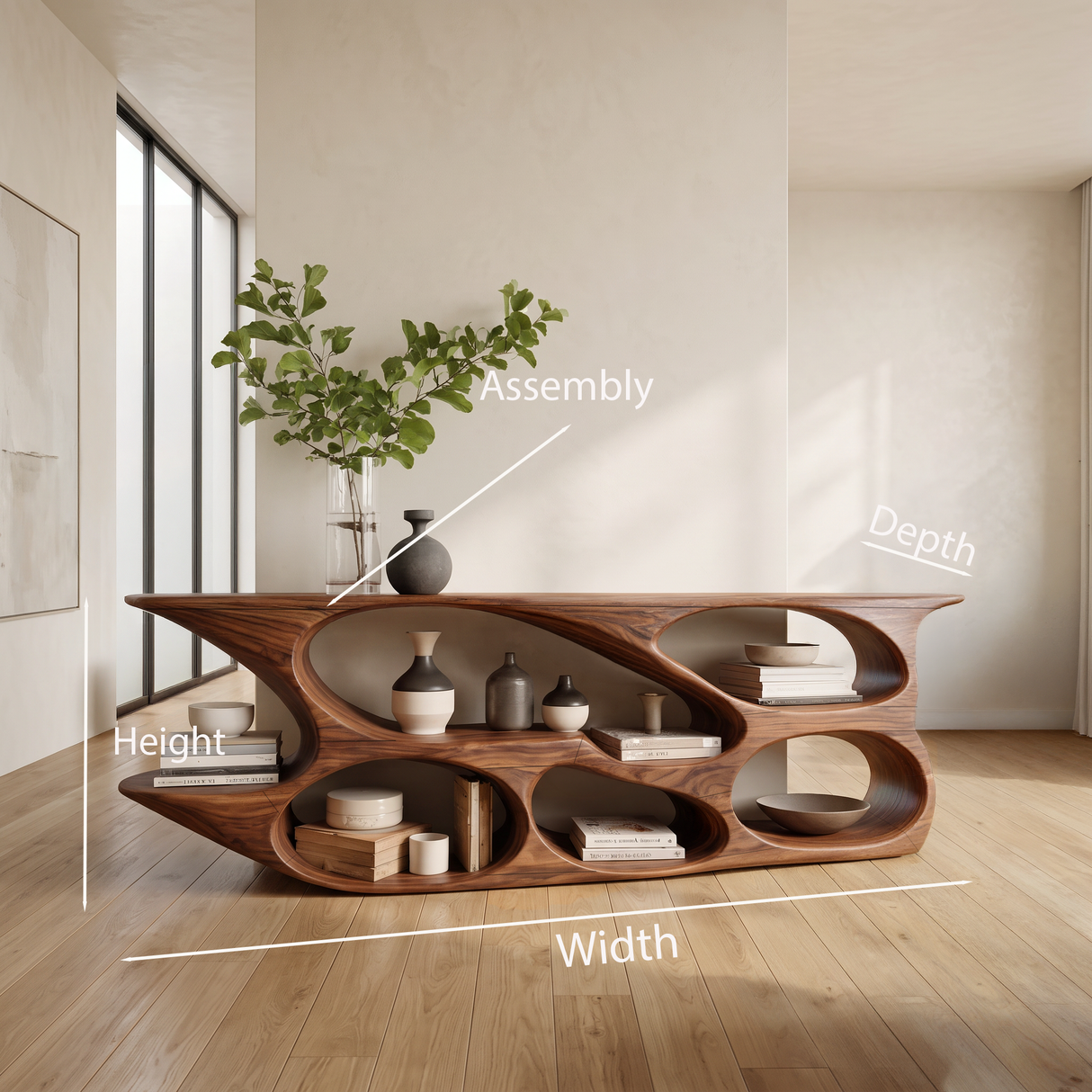 Sculptural Wood Bookshelf Curved Design For Living Room