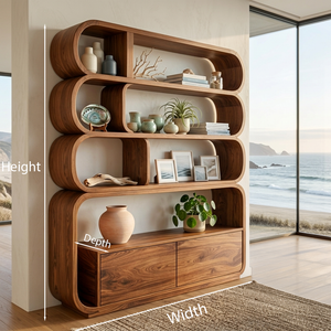 Modern Natural Wood Bookshelf With Curved Structure For Living Room