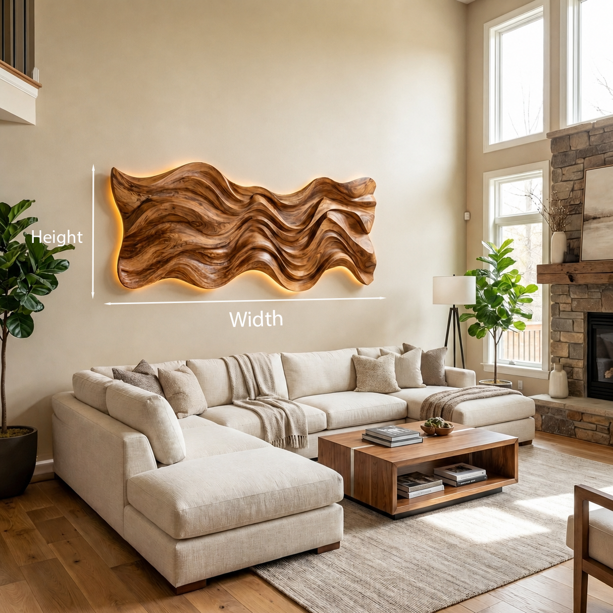 Modern Wood Wall Art With Wave Sculpture For Living Room