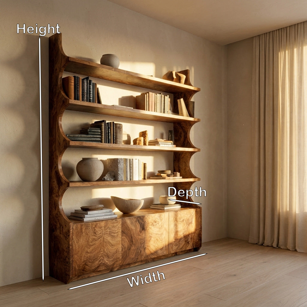 Organic Wooden Bookshelf With Curved Edges For Living Storage