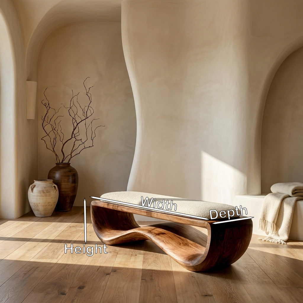 Minimalist Wood Bench With Flowing Base For Living Room Seating