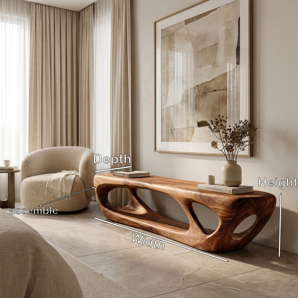 Organic Wood Bench With Hollow Base For Living Room