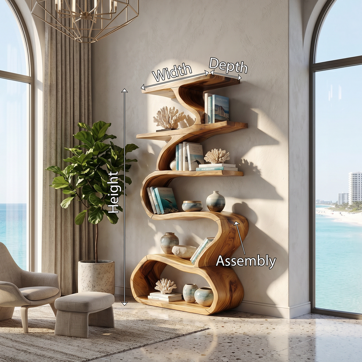 Organic Wooden Wall Bookshelf With Flowing Curves