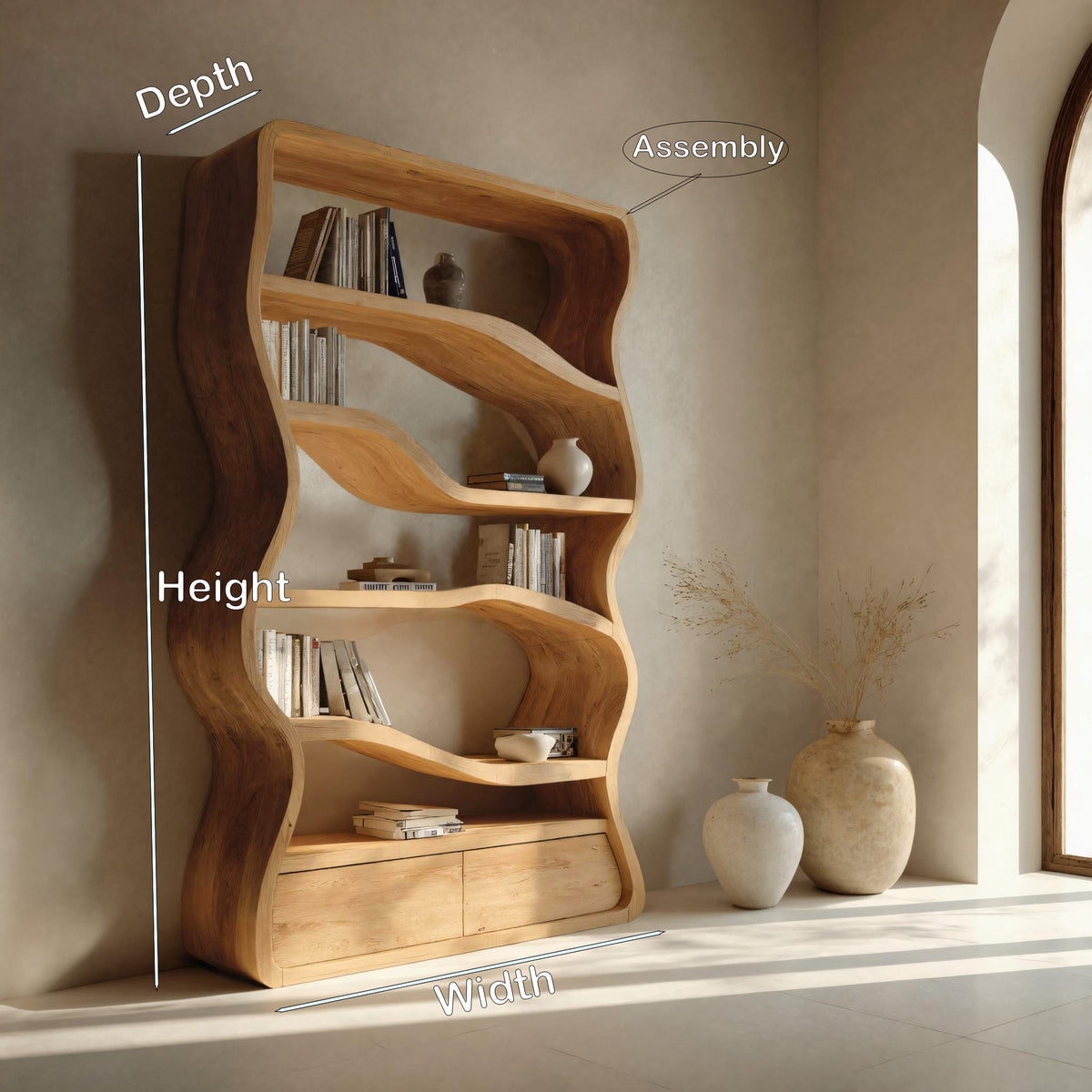 Modern Curved Wooden Bookshelf For Living Room