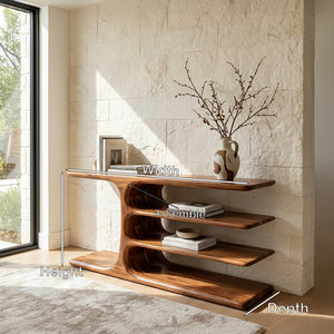 Organic Wooden Console Table With Layered Shelving For Hallway
