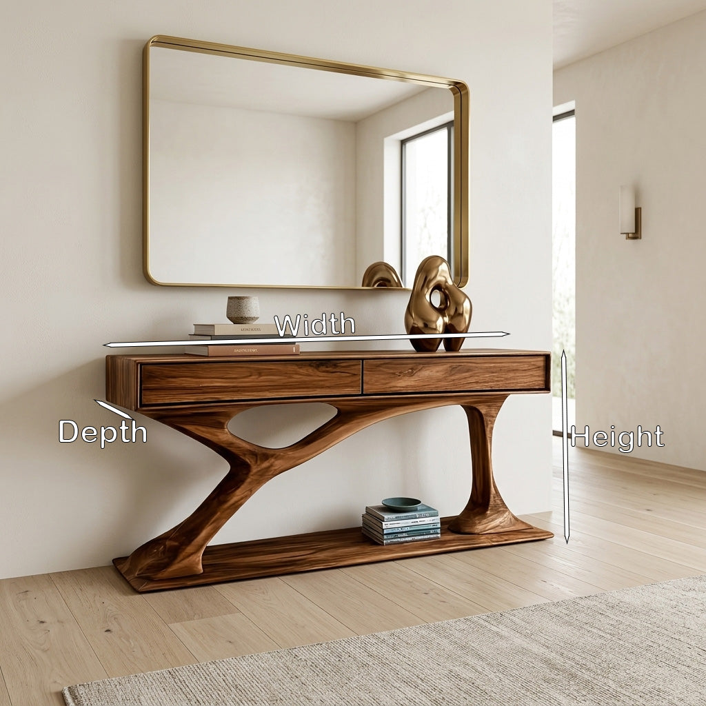 Contemporary Wooden Console Table With Sculptural Base For Living Room