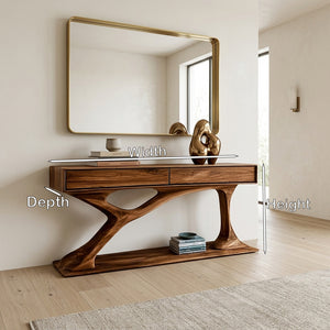 Contemporary Wooden Console Table With Sculptural Base For Living Room