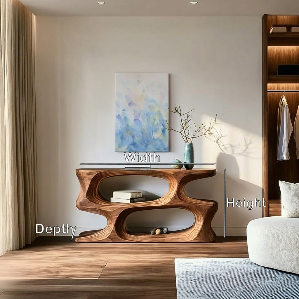 Minimal Sculptural Natural Wood Console Table For Living Room
