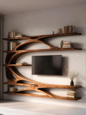 Modern Wall Mounted TV Stand With Bookshelf For Living Room