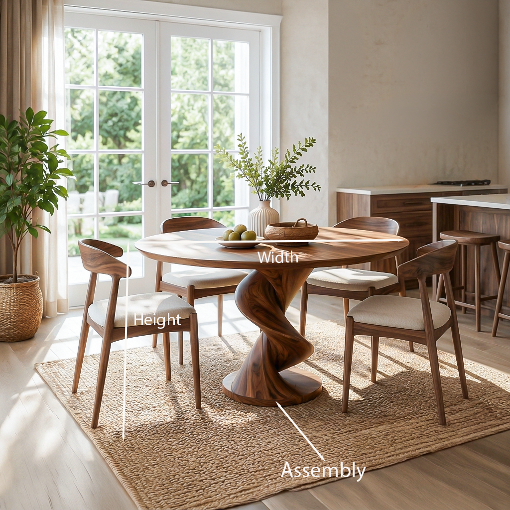 Modern Round Dining Table With Sculptural Spiral Pedestal For Kitchen