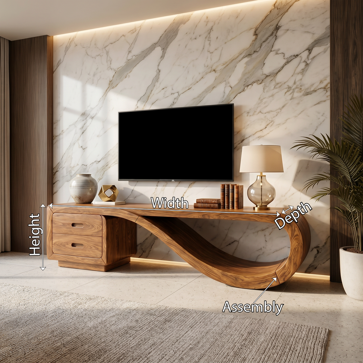 Luxury Sculptural Media Console Marble Accent Wall