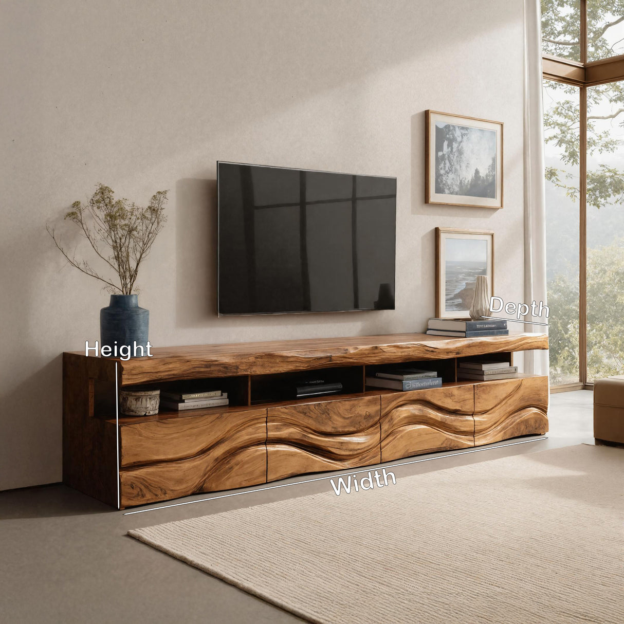Modern Wave Carved Wood TV Stand For Living Room
