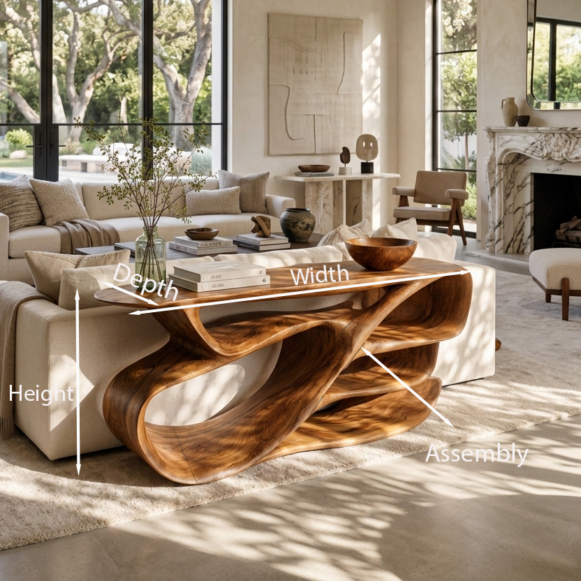 Organic Wooden Console Table With Hollow Compartments For Living Decor