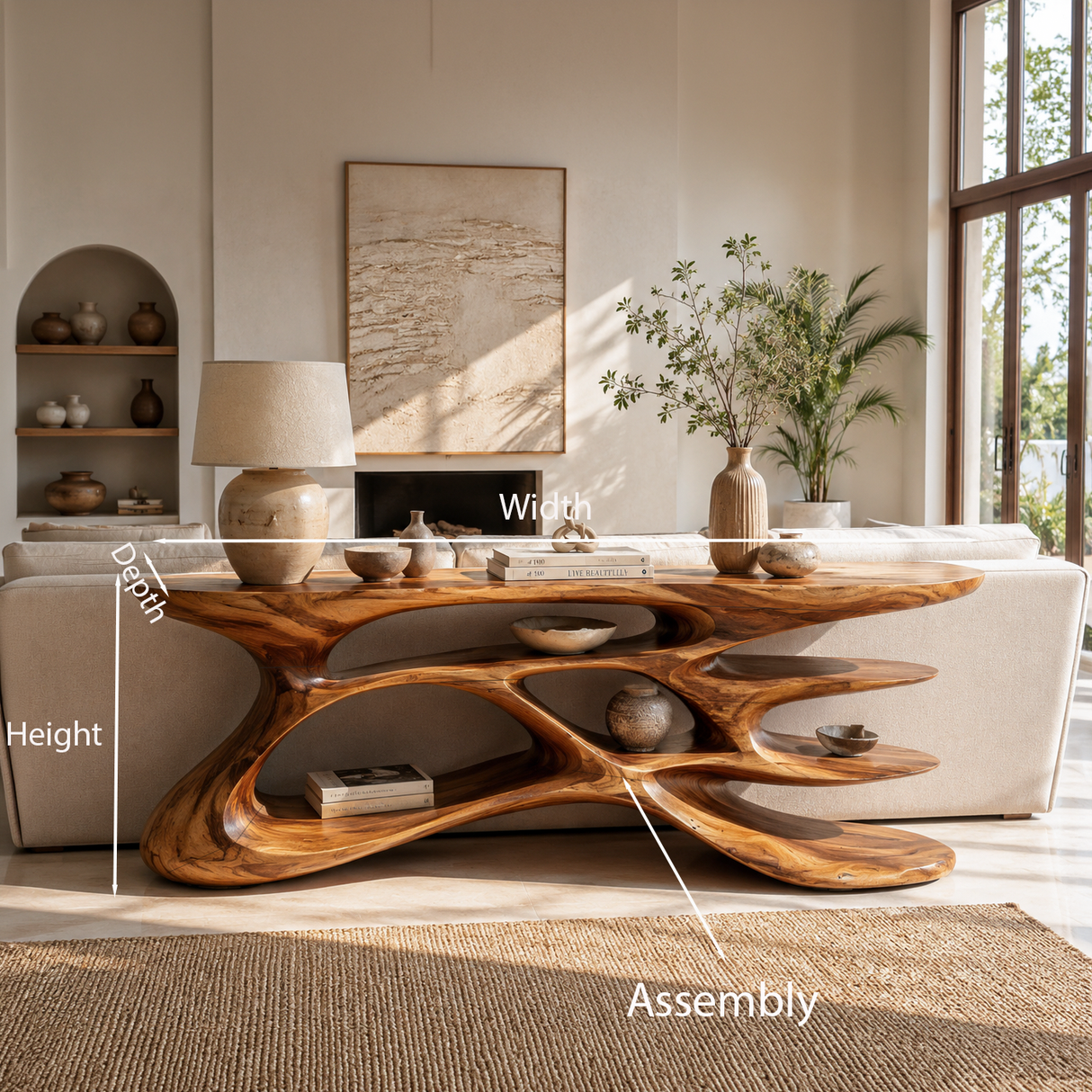 Wooden Console Table With Sculptural Form For Living Statement