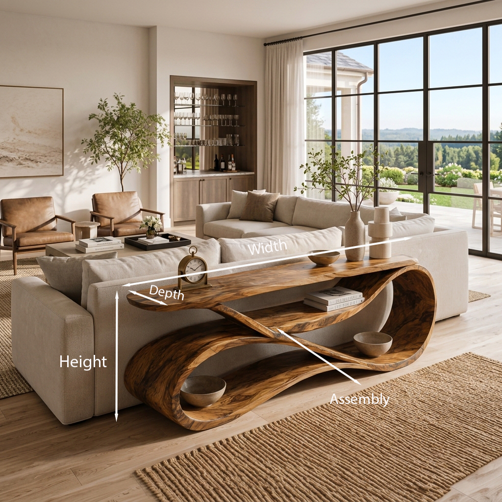 Modern Wooden Console Table Flowing Shelf Design For Living