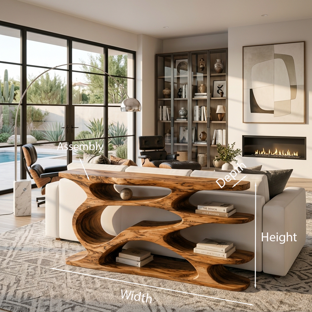 Rustic Wooden Console Table With Curved Open Storage For Living