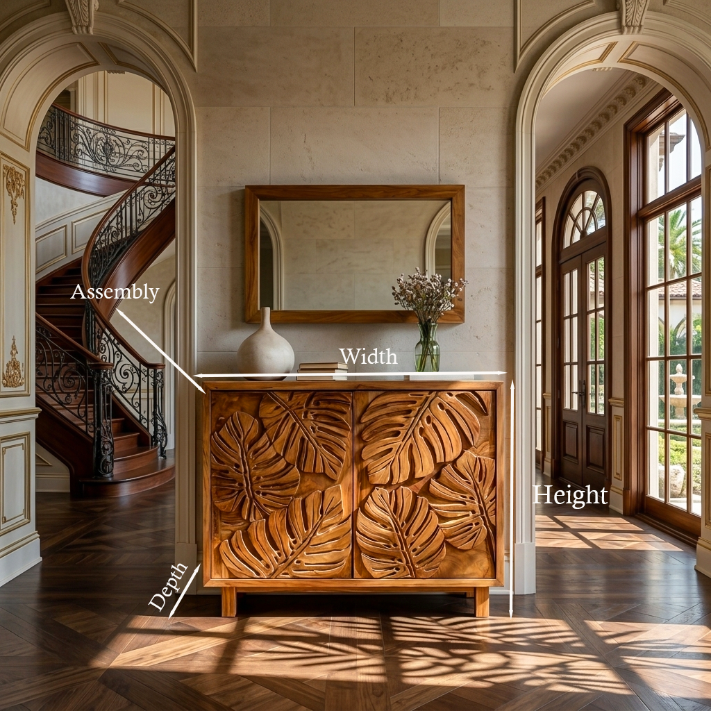 Modern Wooden Sideboard With Leaf Carved Doors For Home