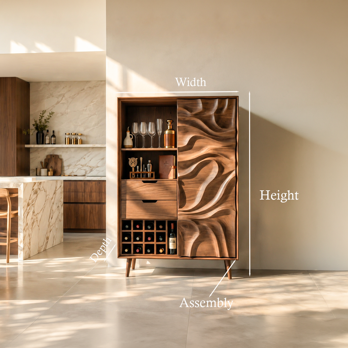 Sculptural Bar Cabinet With Wave Carved Doors For Kitchen