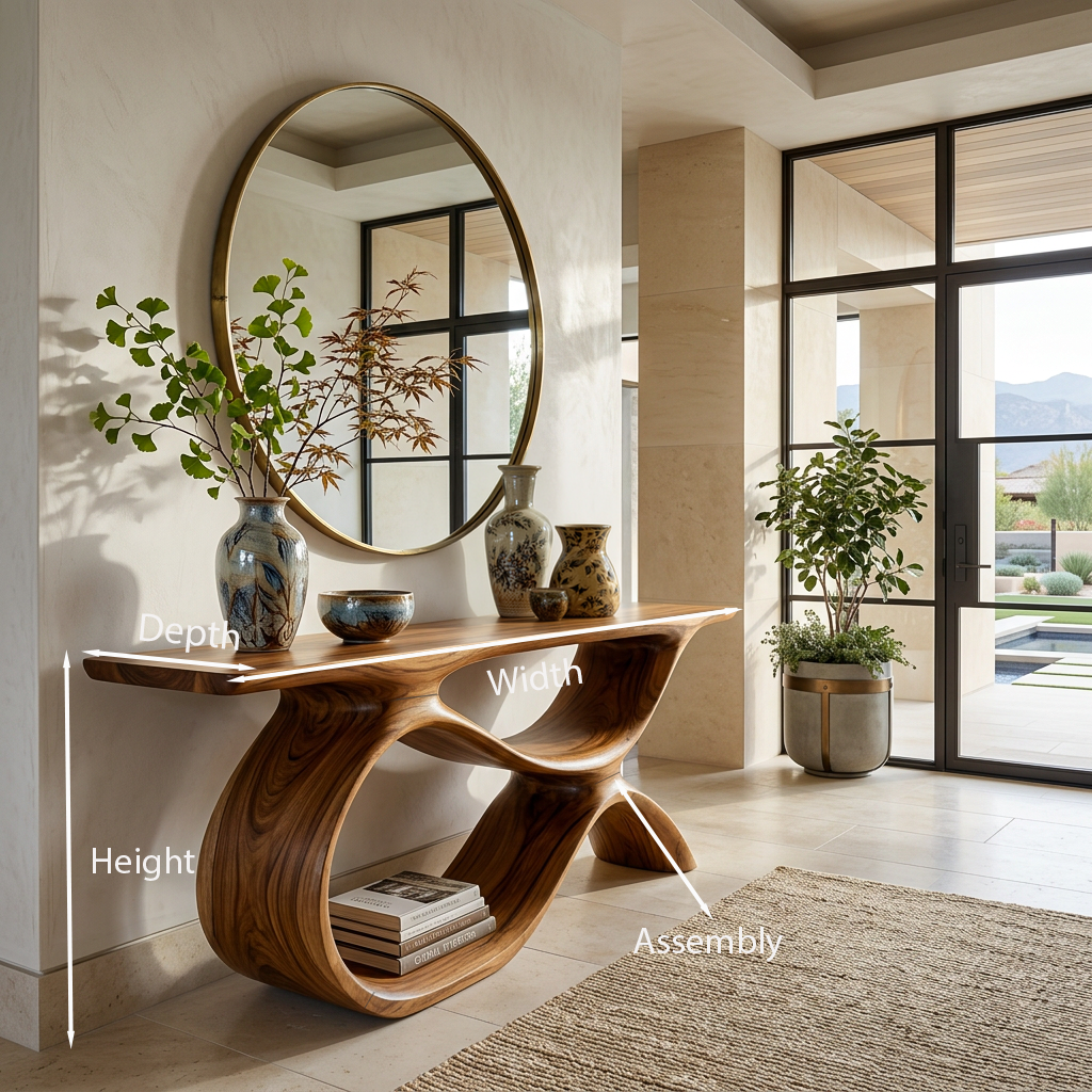 Modern Wooden Console Table With Curved Open Storage For Home
