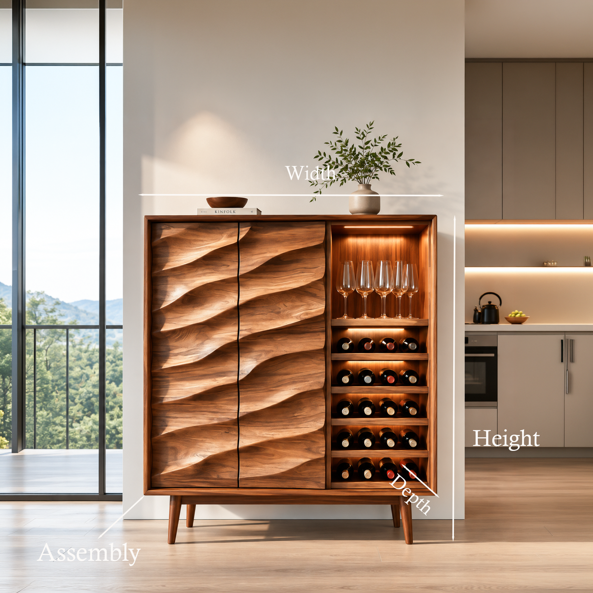 Modern Wine Cabinet With Wave Carved Doors For Kitchen Area