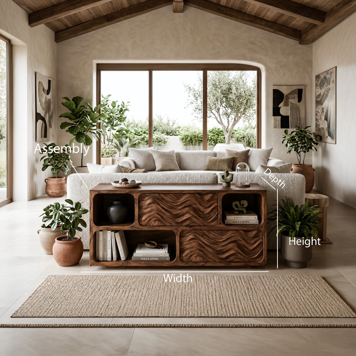 Modern Console Table With Carved Doors And Open Shelves For Entryway