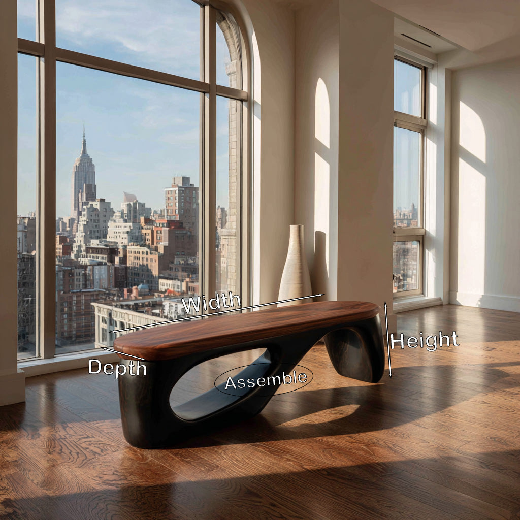 Organic Wooden Bench With Curved Black Base For Home