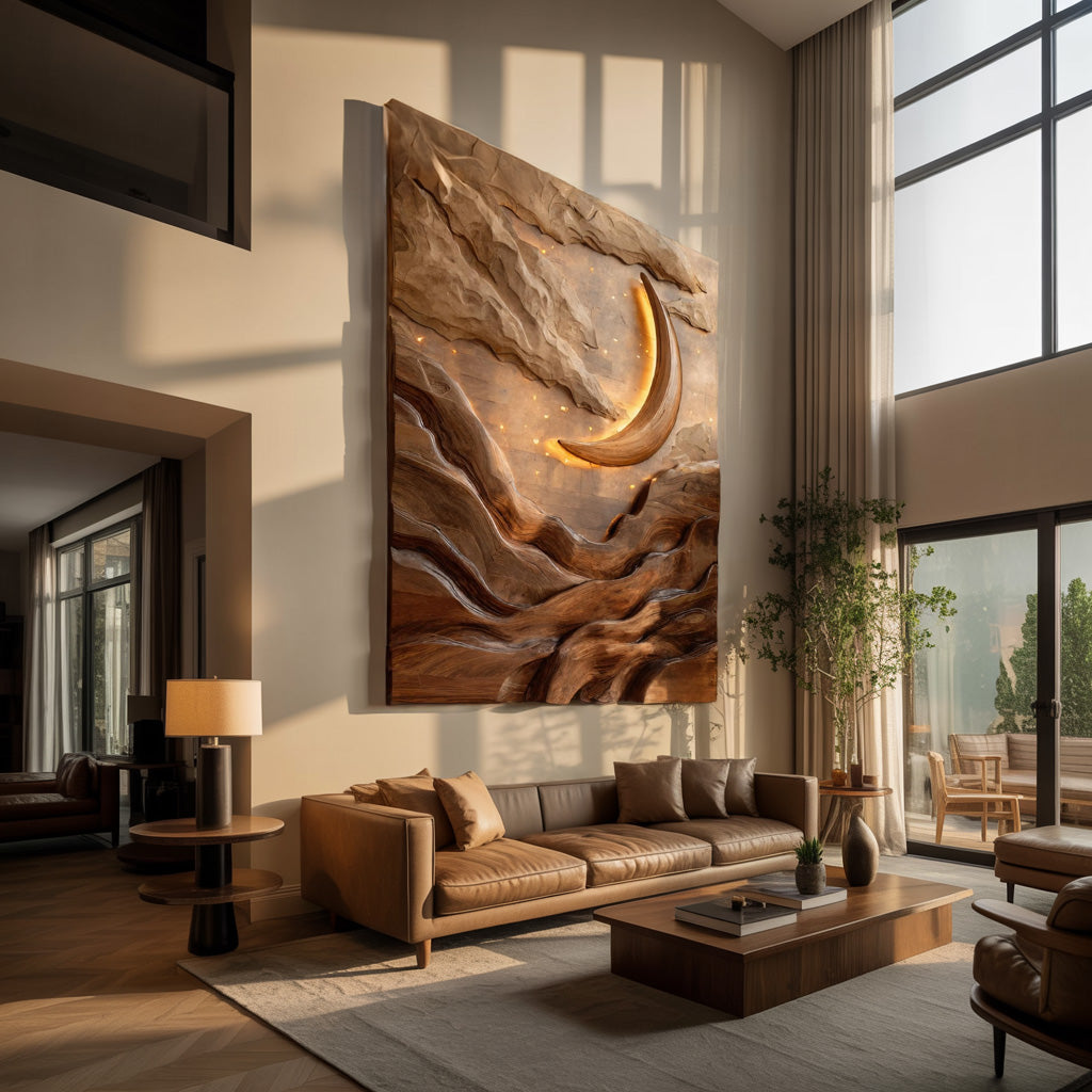 Crescent Moon Mountain Wood Wall Art For Living Decor