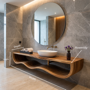 Wood Bathroom Vanity With Floating Wave Shelf For Modern Bath