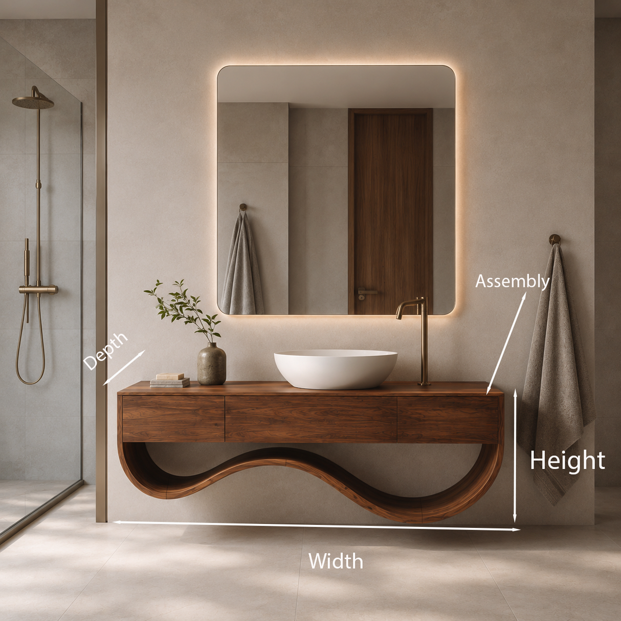 Luxury Bathroom Vanity Cabinet With Undulating Open Shelf For Bath