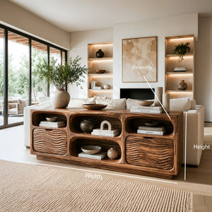 Sculptural Wooden Console Table With Shelves For Modern Living Room