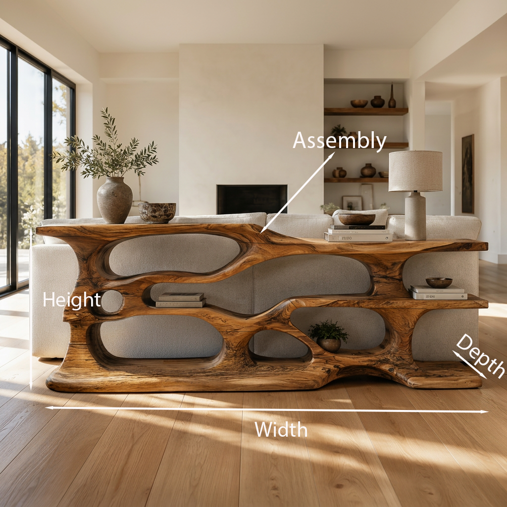 Wooden Console Table With Sculptural Open Shelves For Living