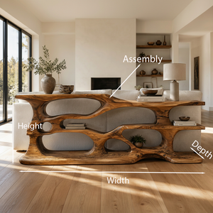 Wooden Console Table With Sculptural Open Shelves For Living