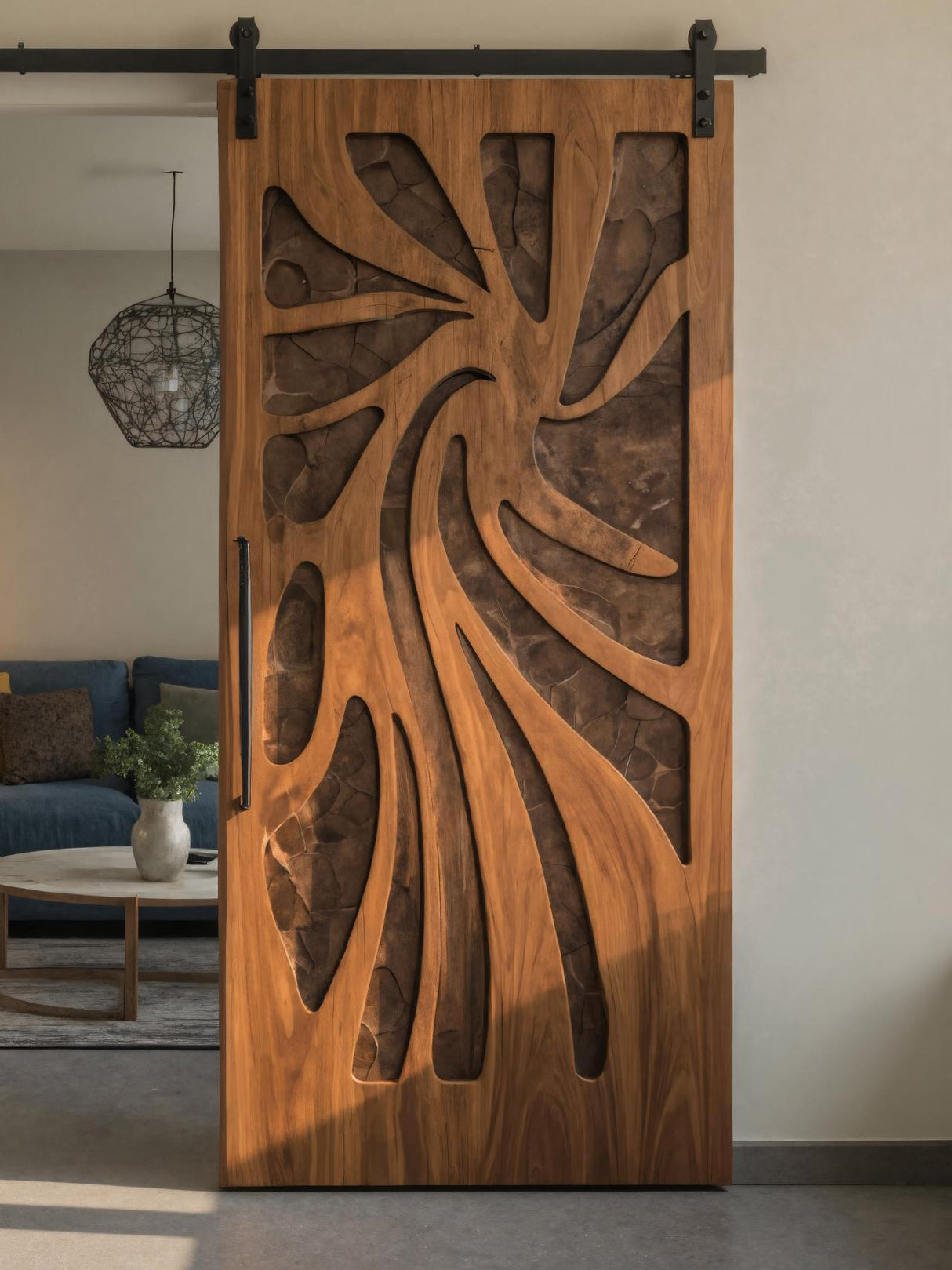 Artistic Sliding Door With Layered Carved Design For Interior