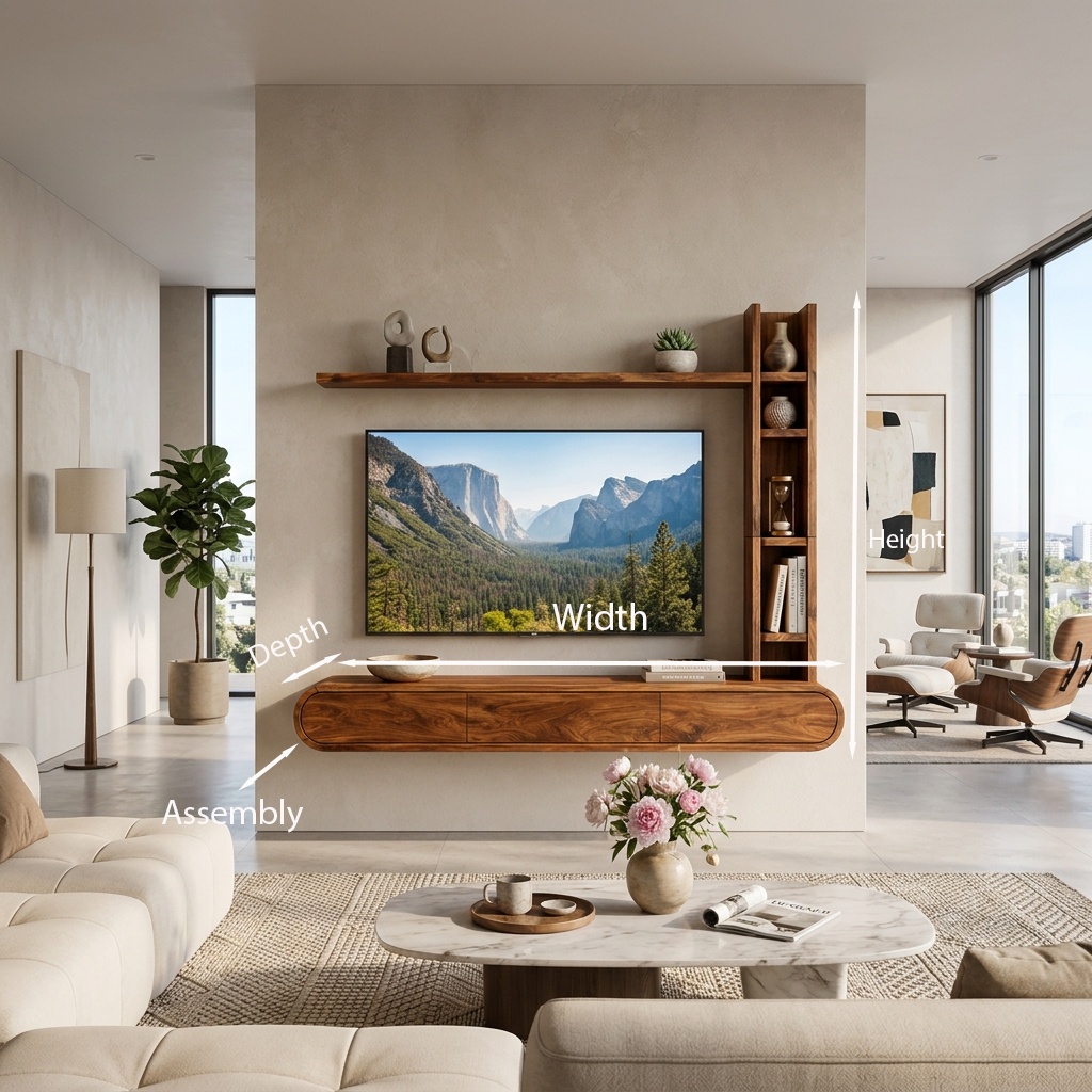 Wooden Floating TV Stand With Tall Open Shelf For Living