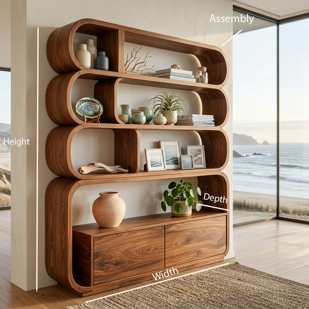 Modern Natural Wood Bookshelf With Curved Structure For Living Room