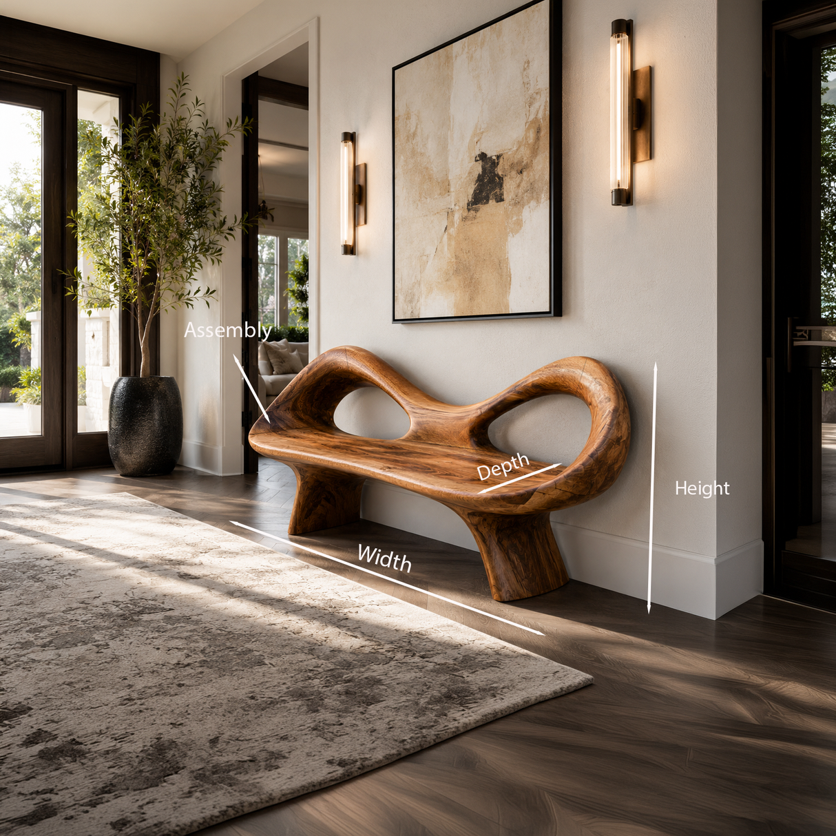 Organic Bench With Hollow Sculpture Backrest For Luxury Interiors