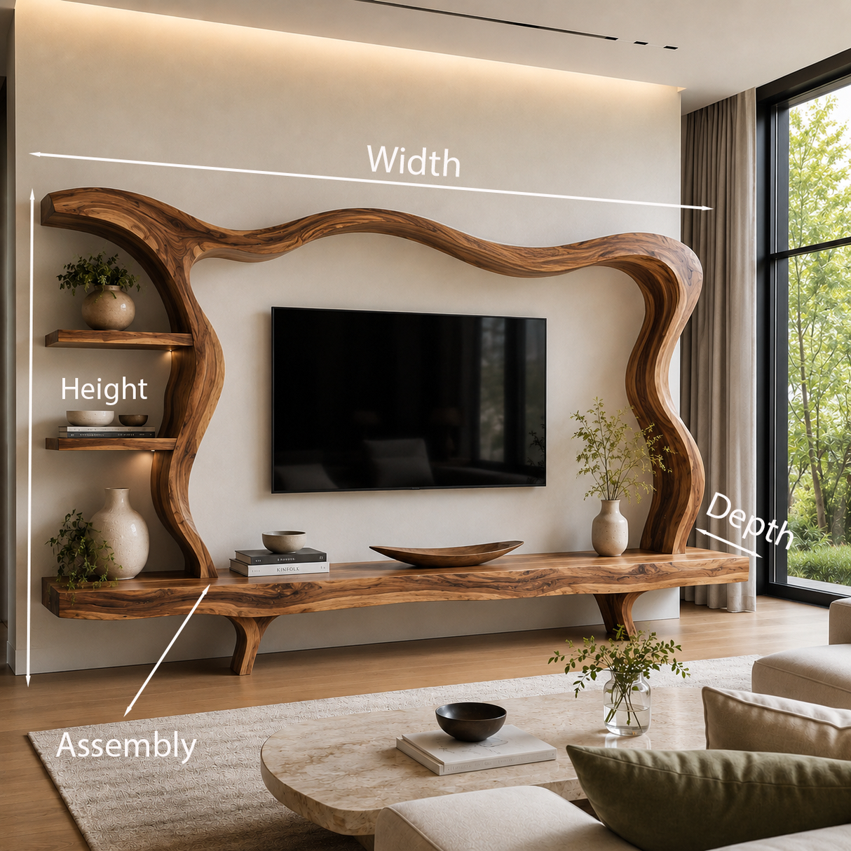 Modern Wood TV Stand With Flowing Frame For Home Decor