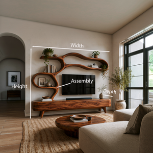 Organic Modern Wood TV Cabinet With Flowing Shelving For Living