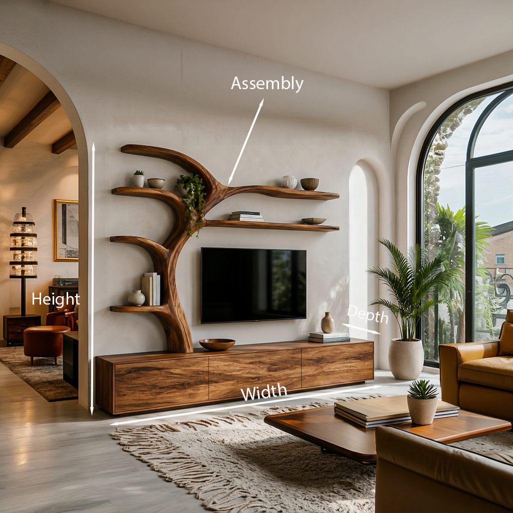 Wooden TV Stand With Branch Display Shelves For Living Room