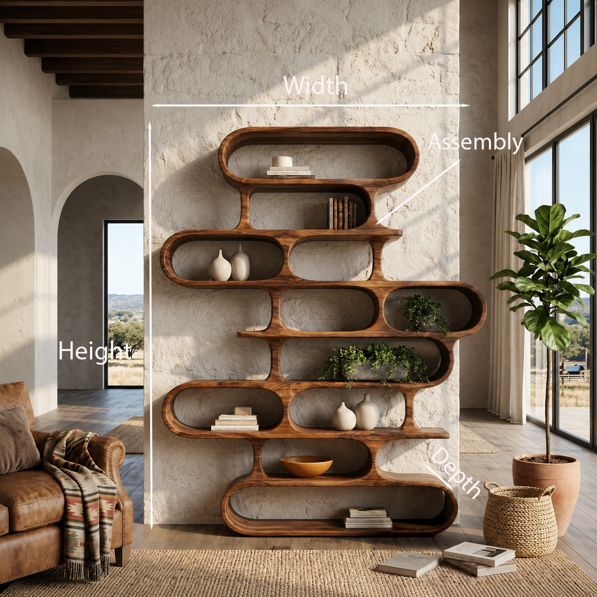 Organic Sculptural Wood Bookshelf With Curved Form For Living Room Or Office