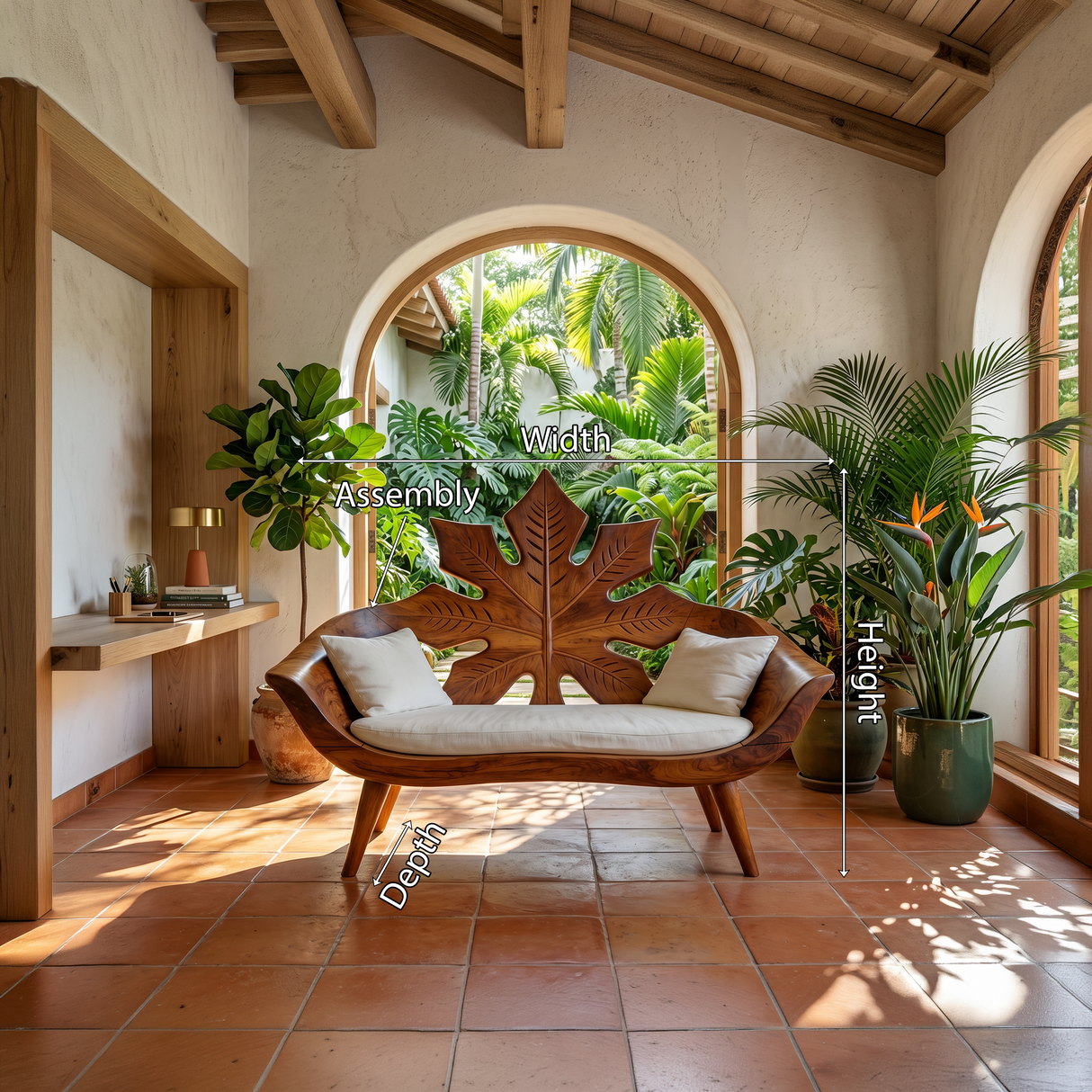 Modern Maple Leaf Carved Bench For Patio Interior Area