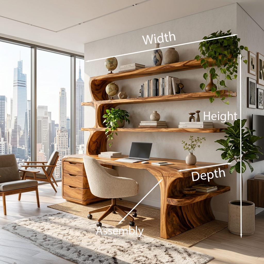 Sculptural Wood Desk With Curved Shelving And Drawer For Office