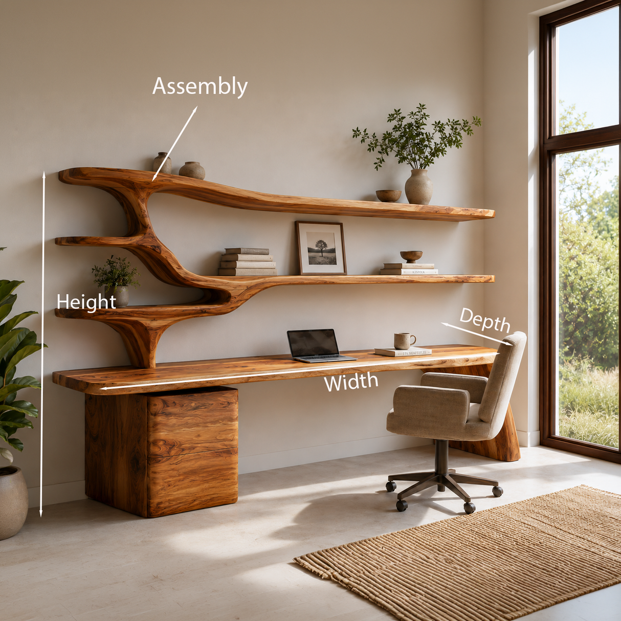 Contemporary Wood Desk With Sculptural Bookshelves For Workspace