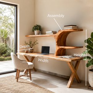 Organic Sculptural Wood Desk With Integrated Bookshelf For Home Office