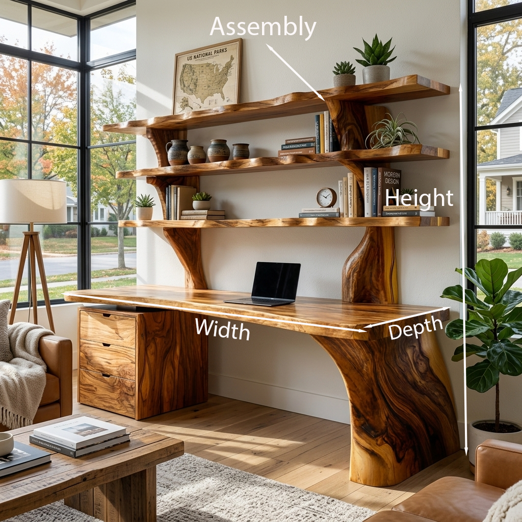 Organic Wood Desk With 3-Tier Integrated Bookshelf For Study Room