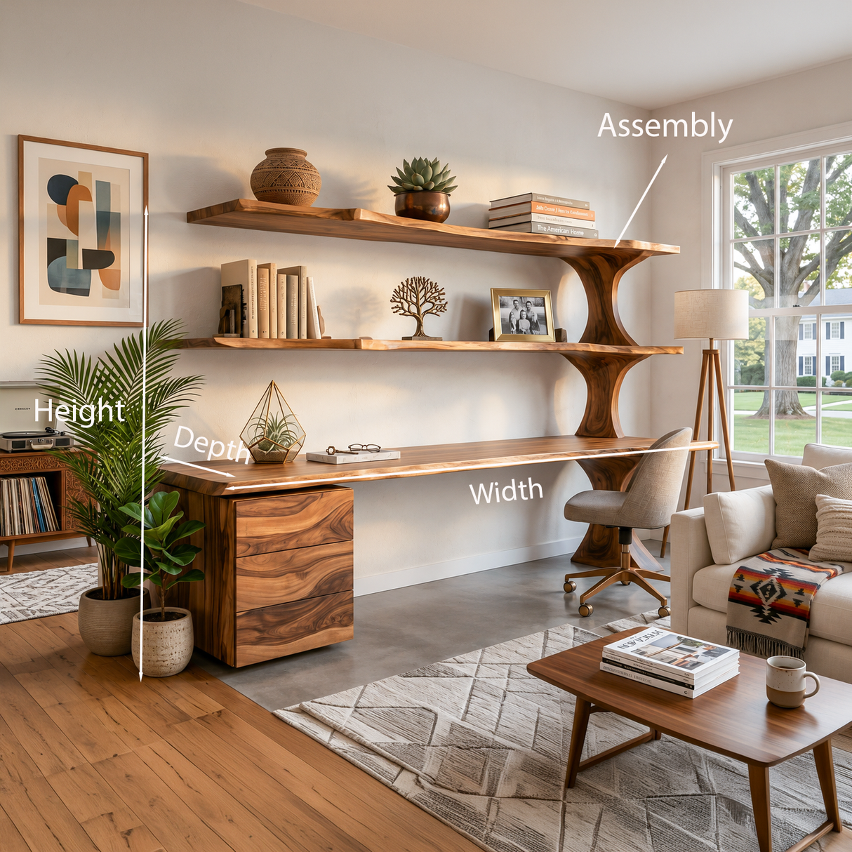 Wooden Desk With Open Bookcase And Drawers For Modern Workspace