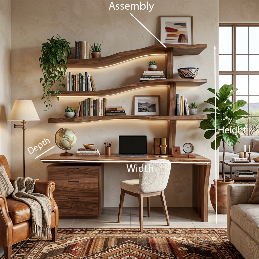 Wooden Desk With Curved Bookshelves And Drawers For Luxury Workspace