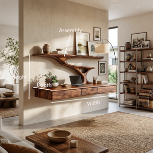 Wall Mounted Wood Desk With Upper Shelves For Home Office