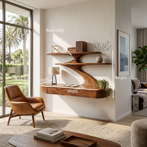 Floating Wooden Desk With Curved Upper Shelf Frame For Workspace