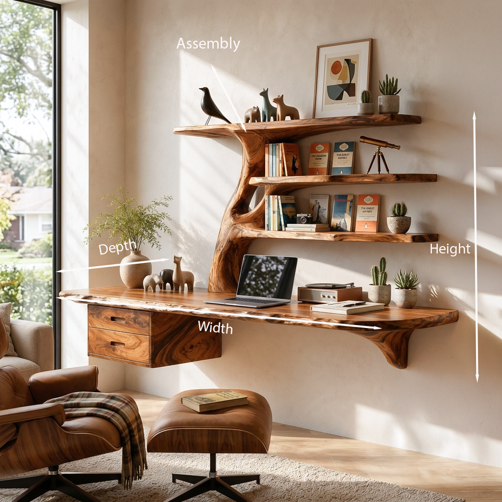 Wood Floating Desk With Multi Level Organic Shelves For Office
